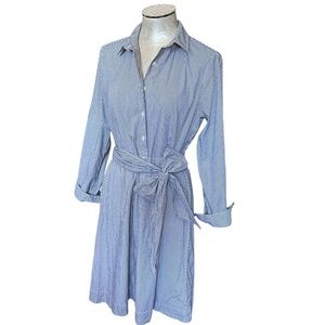 Striped Blue Shirt Dress with Waist Tie